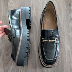 Sam Edelman Patent Black Leather Lug Loafers with Gold Buckle (Size 7.5) Glossy